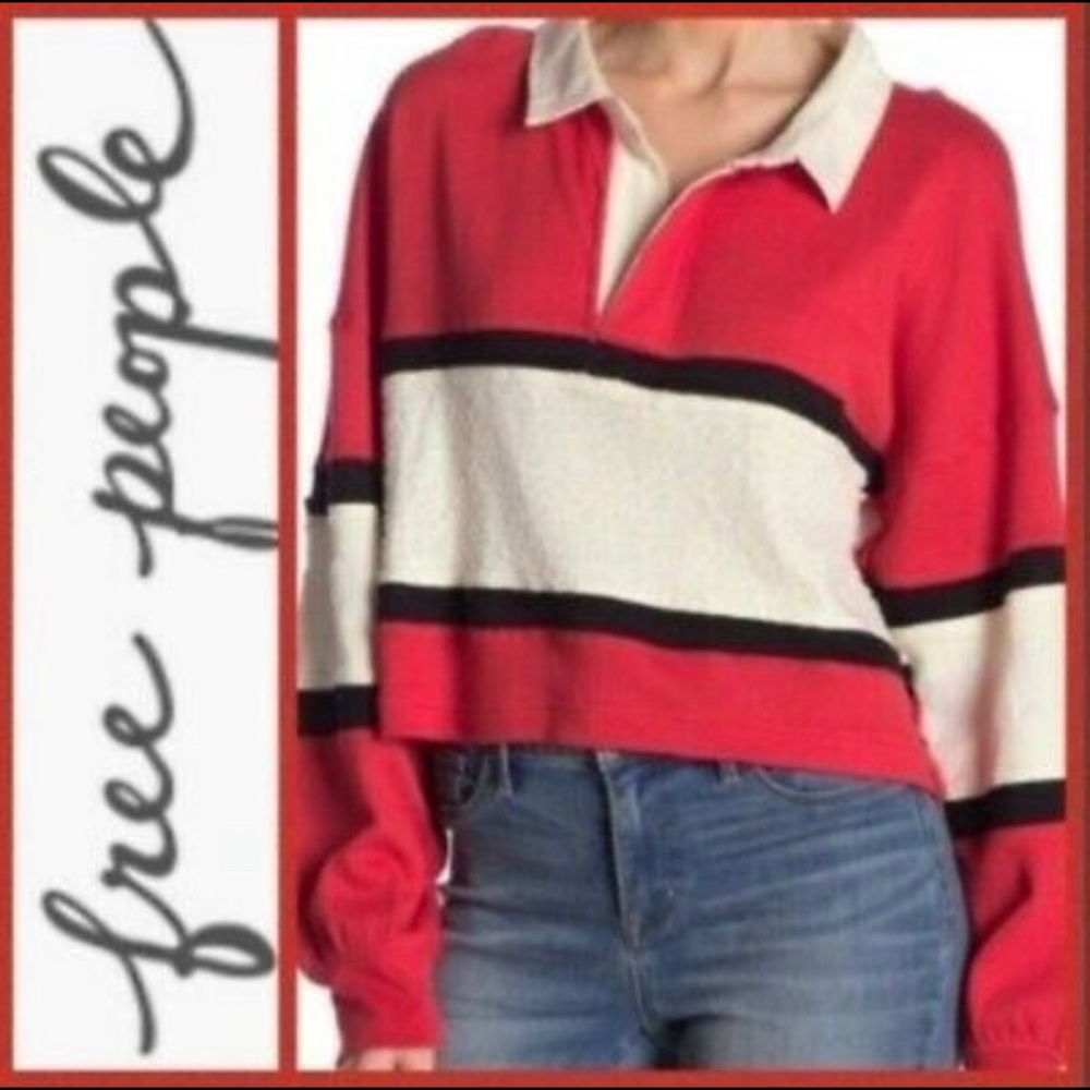 Free People Party Polo Oversized Crop Long Sleeve Top